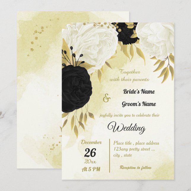 Convites flores brancas pretas ouro folhas casamento (Frente/Verso)