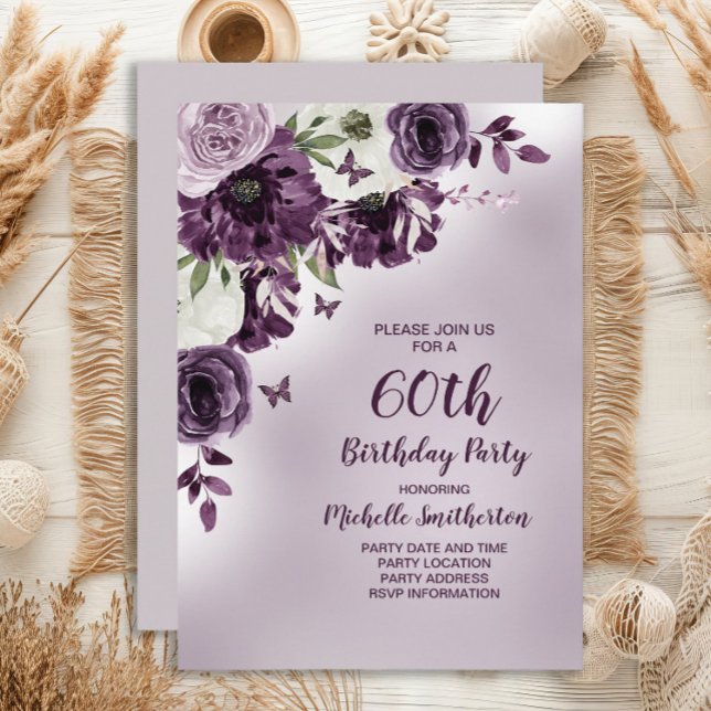 Convites Flores Brancas Roxas Borboletas 60º Aniversário (Purple and white watercolor floral and butterflies women's 60th birthday party invitation)
