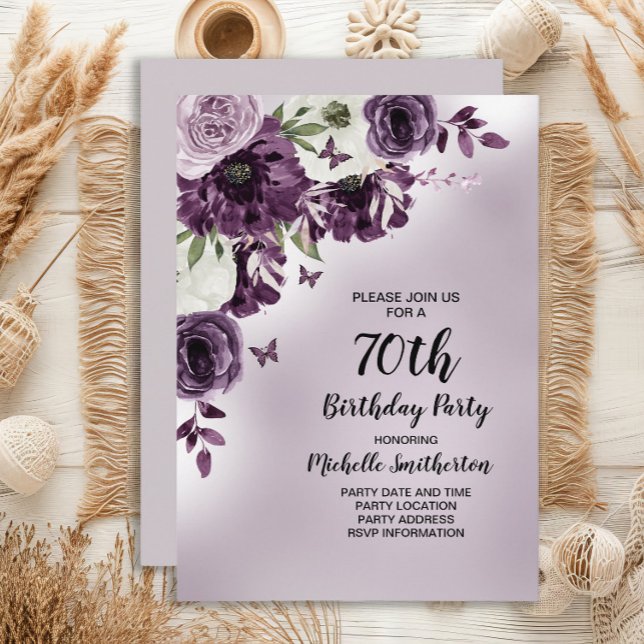 Convites Flores Brancas Roxas Borboletas 70º Aniversário (Purple watercolor floral and butterflies women's 70th birthday party invitation)