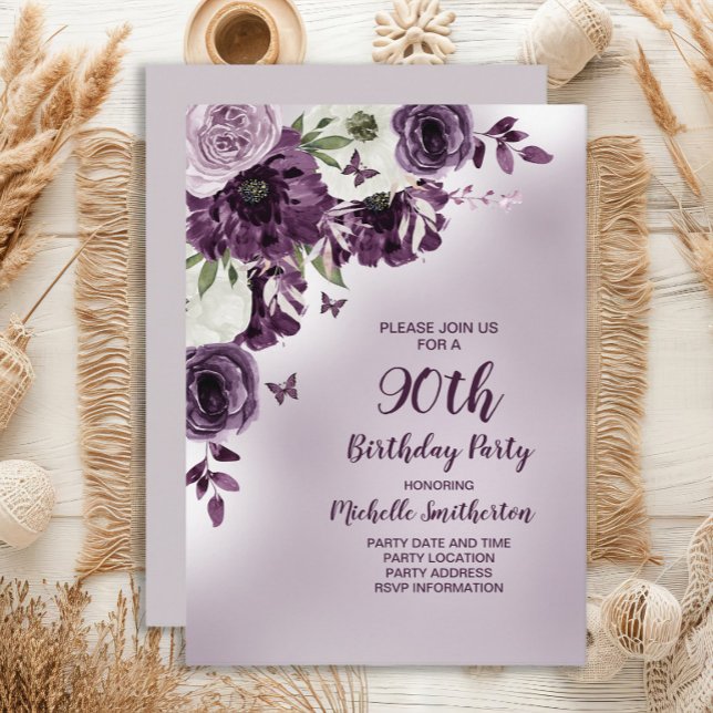 Convites Flores Brancas Roxas Borboletas Aniversário de 90  (Purple floral and butterflies 90th birthday party invitation)
