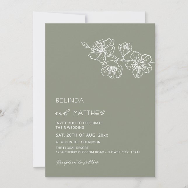 Convites Flores Brancas Sage Verde Casamento Informal (Frente)