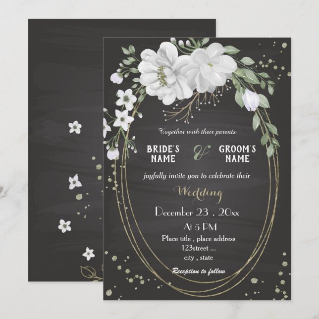 Convites flores brancas verde folhas casamento negro (Frente/Verso)