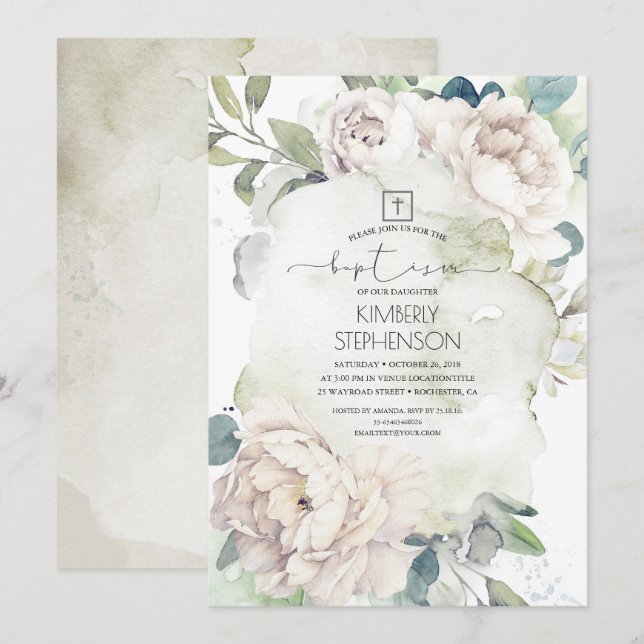 Convites Flores Brancas Vintage e Batismo Verde (Frente/Verso)