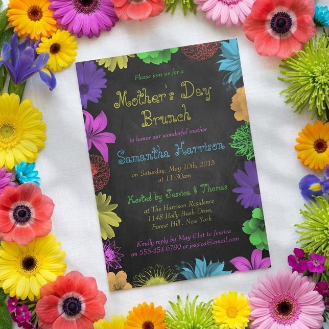 Convites Flores Brilhantes no Chalkboard Brunch do Dia das  (Criador carregado)