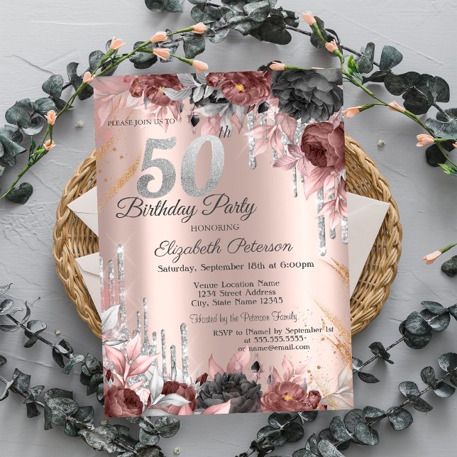 Convites Flores Brilho Gotas Rosa Dourado 50º Aniversário (Criador carregado)