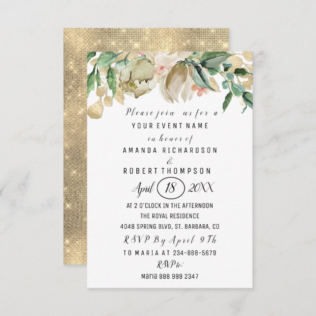 Convites Flores Brunch Mint Verde Dourada Aquarela Branco (Frente/Verso)