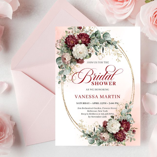 Convites Flores Burgundy Atemporais com Chuveiro de Noiva D (Timeless Burgundy Flowers with Gold Bridal Shower Invite)