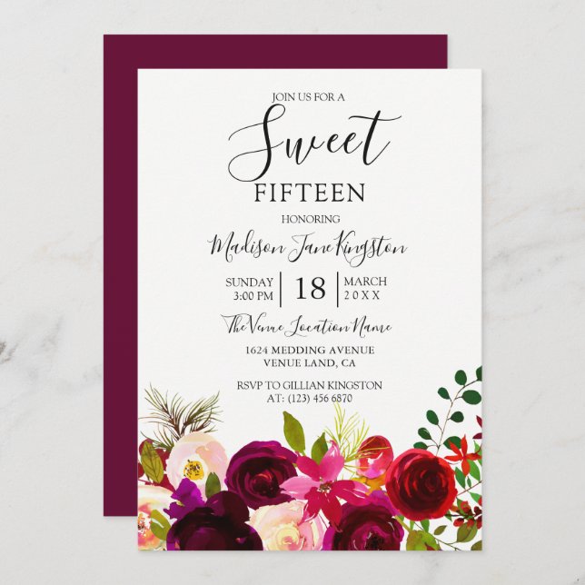 Convites Flores Burgundy Boho Floral Sweet 15 (Frente/Verso)