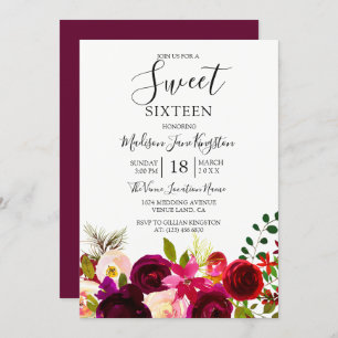 Convites Flores Burgundy Boho Floral Sweet 16