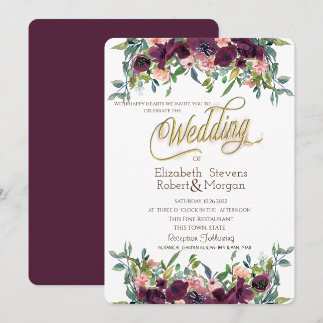 Convites Flores Burgundy Chic Casamento (Frente/Verso)