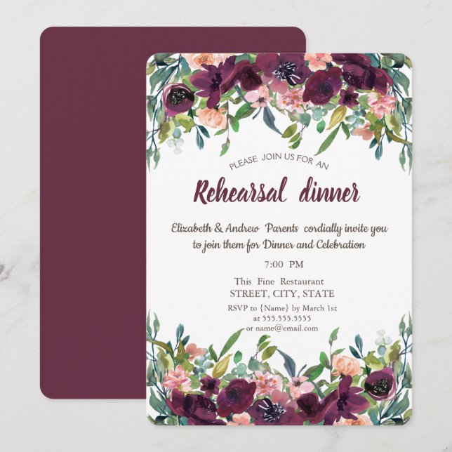Convites Flores Burgundy Chic Jantar de Ensaios  (Frente/Verso)