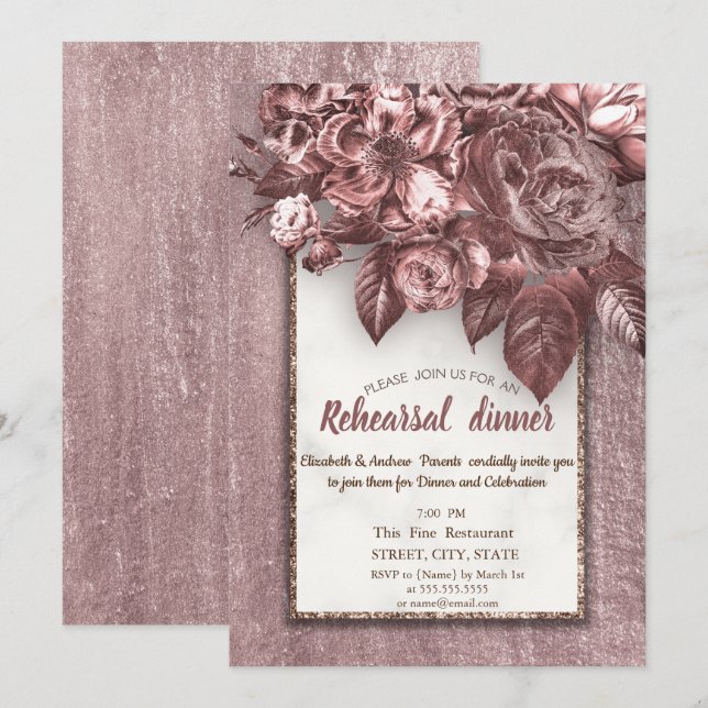 Convites Flores Burgundy Elegantes Jantar de Ensaios Chic (Frente/Verso)