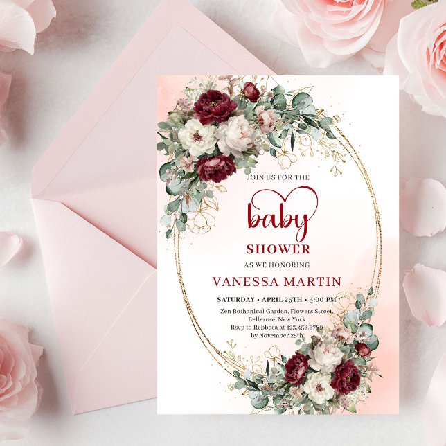 Convites Flores Burgundy Modernas Chuveiro de Bebê de Eucal (Trendy Burgundy Flowers Eucalyptus Baby Shower Invite)