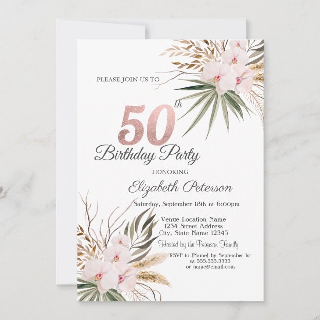 Convites Flores Chic Boho Aniversário de 50 anos (Frente)