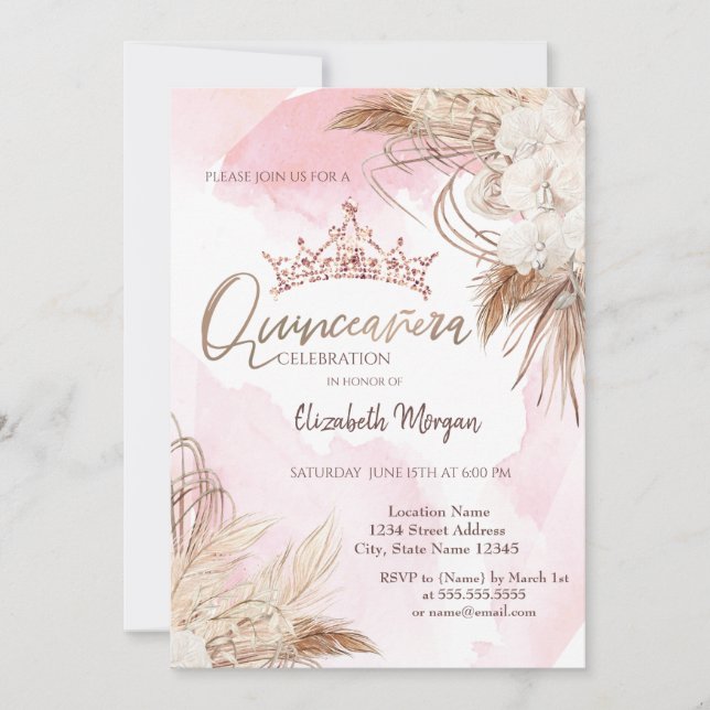 Convites Flores Chic Boho,Coroa,Aquarela Quinceañera (Frente)