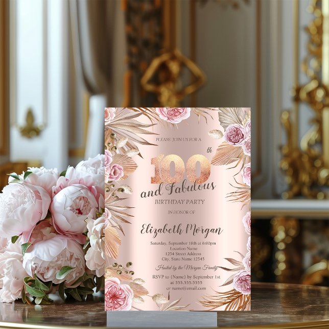 Convites Flores Chic Boho Dourado Rosa 100º Aniversário (Criador carregado)