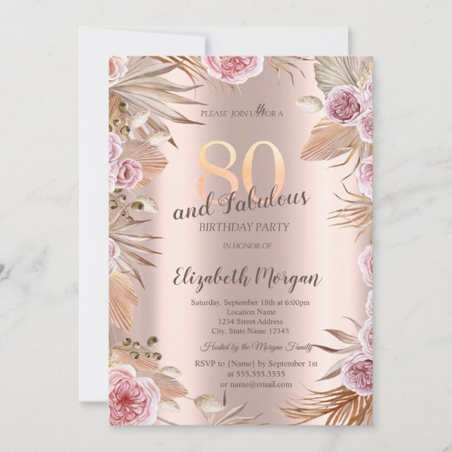 Convites Flores Chic Boho Dourado Rosa 80º Aniversário (Frente)