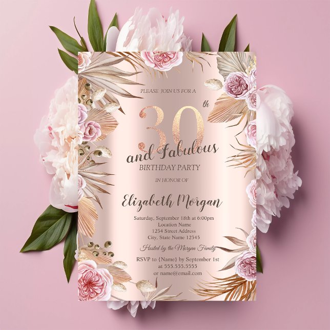 Convites Flores Chic Boho Dourado Rosa Aniversário de 30 an (Criador carregado)