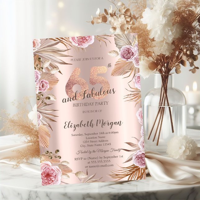 Convites Flores Chic Boho Dourado Rosa Aniversário de 65 an (Criador carregado)