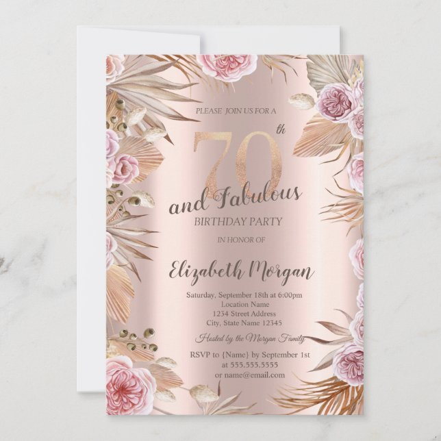 Convites Flores Chic Boho Dourado Rosa Aniversário de 70 An (Frente)