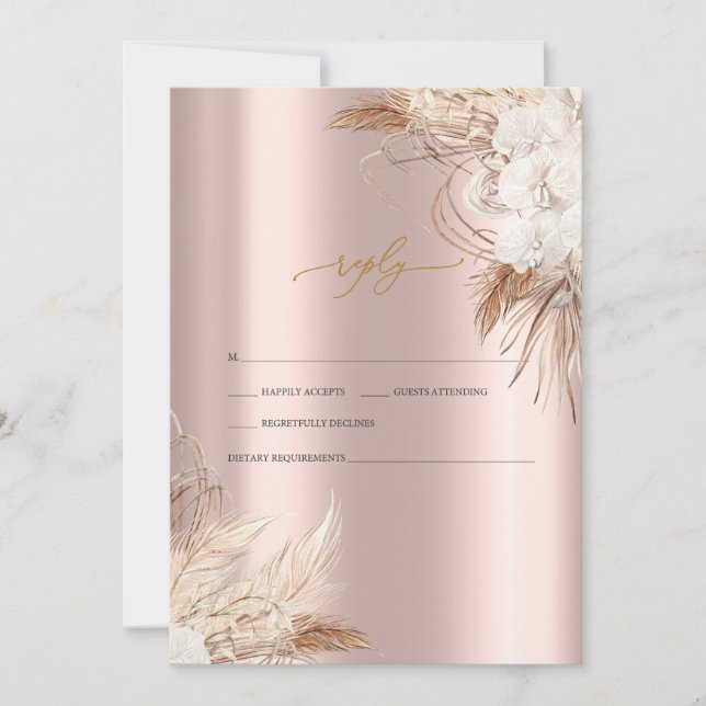Convites Flores Chic Boho Rose Dourado Casamento RSVP   (Frente)