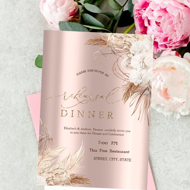 Convites Flores Chic Boho Rose Dourado Jantar de Rehearsal (Criador carregado)