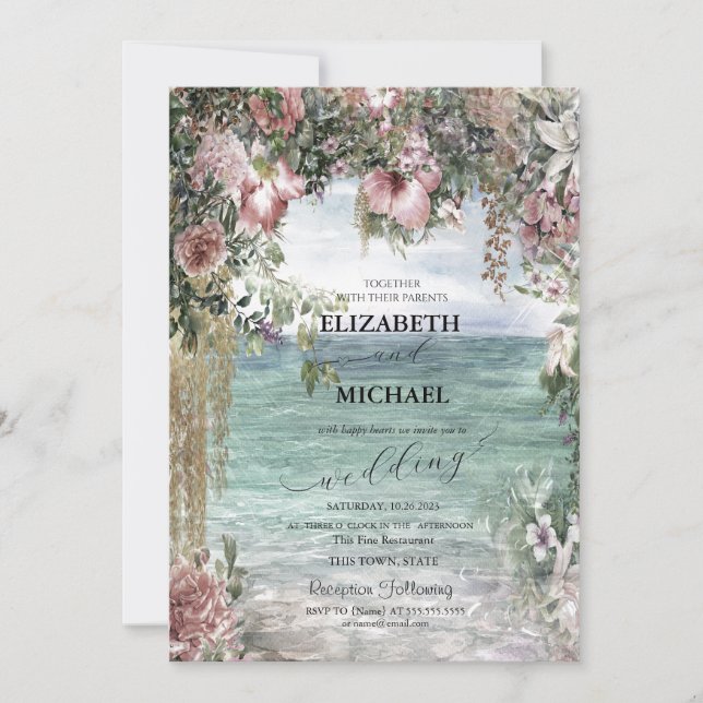 Convites Flores Chic Oceano Roteiro Casamento (Frente)