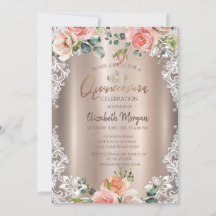 Convites Flores Chic, Renda, Tiara Quinceañera