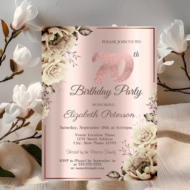 Convites Flores Chic Rose Gold Aniversário de 70 anos   (Criador carregado)