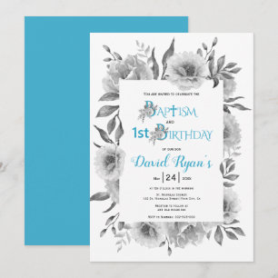 Convites Flores cinzas menino batismo e 1º aniversário azul