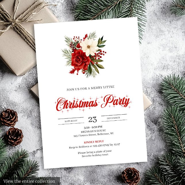Convites Flores Clássicas de Natal Botânico de Natal  (Classic Christmas Flowers Botanical christmas invitation

)