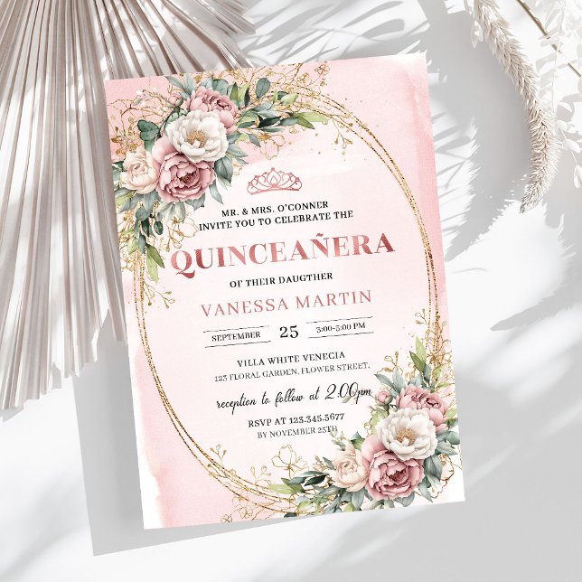 Convites Flores Clássicas em Rosa Poeirento com Verdura Qui (Classic Dusty Pink Flowers Greenery Quinceañera)