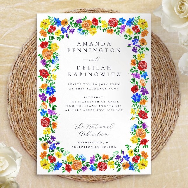 Convites Flores Coloridas da Primavera Arco-íris Casamento  (Colorful Spring Rainbow Flowers Gay Pride Wedding Invitation)