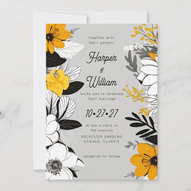 Convites Flores contemporâneas, casamento branco, amarelo (Frente)