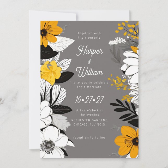 Convites Flores contemporâneas, casamento branco, amarelo (Frente)