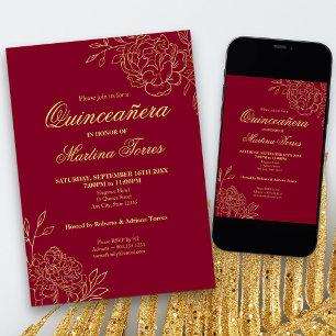 Convites Flores Contorno Dourado Borgonha Quinceanera Flora