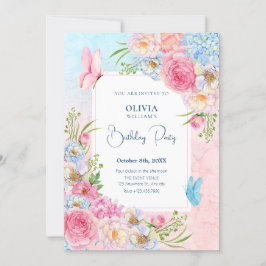Convites Flores cor-de-água rosa-azul Aniversário