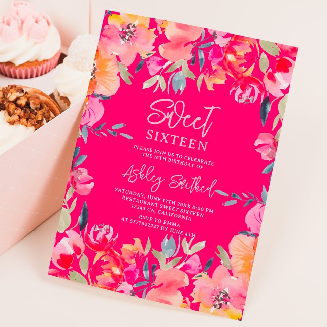 Convites Flores cor-de-água rosa boêmicas Doce 16 anos (Bohemian pink watercolor flowers Sweet 16 birthday Invitation on neon pink)