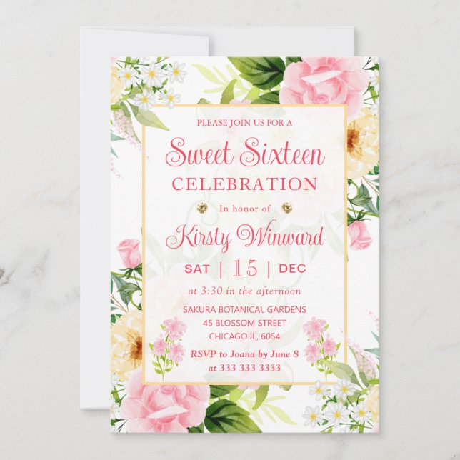 Convites Flores Cor de Água Rosa e Amarelo Doce Dezesseis (Frente)