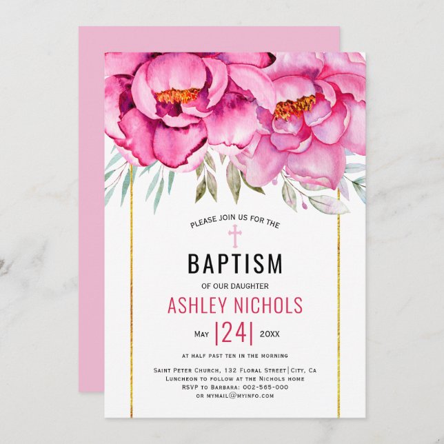 Convites Flores cor-de-água rosa menina floral Baptism (Frente/Verso)