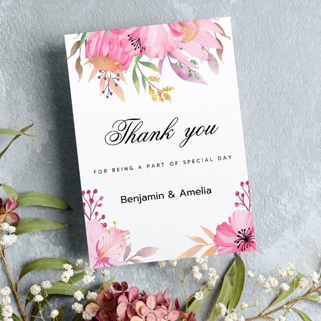 Convites Flores cor-de-laranja-rosa botânico Obrigado (Botanic pink orange watercolor flowers Thank You )