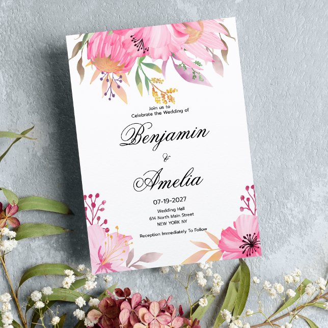 Convites Flores cor-de-laranja-rosa-botulínica Casamento (Botanic pink orange watercolor flowers Wedding)