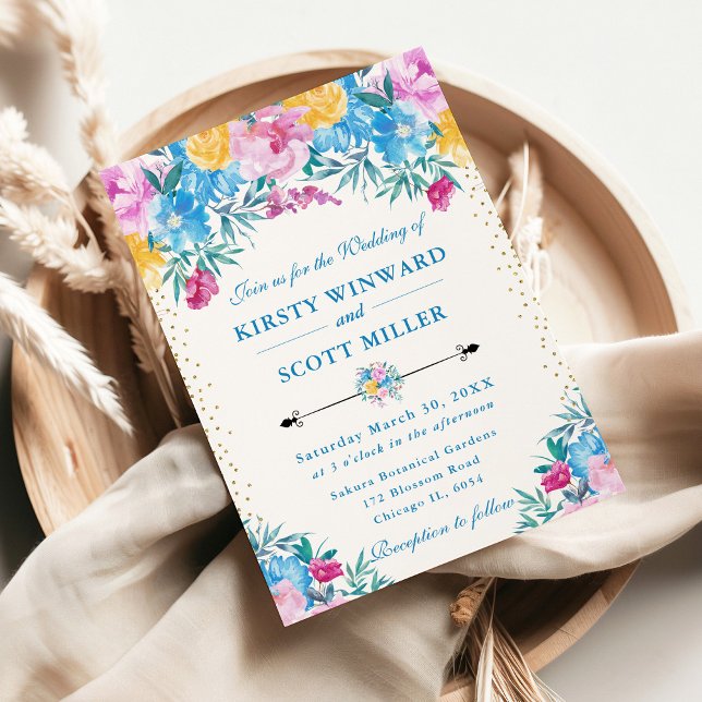 Convites Flores Cor-de-Rosa e Azul em Aquarela Casamento (Criador carregado)