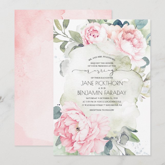 Convites Flores cor-de-rosa e Casamento vegetativo elegante (Frente/Verso)