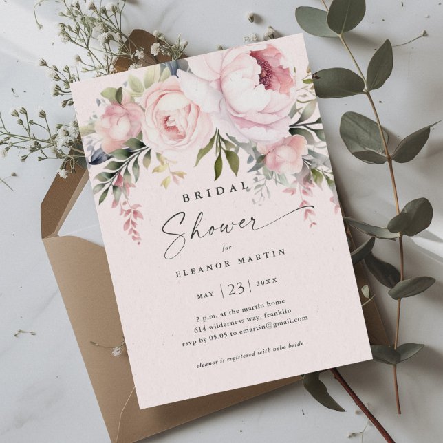 Convites Flores Cor-de-Rosa Elegantes Jardim Verde Chuveiro (Elegant Pink Flowers Greenery Garden Bridal Shower Invitation)