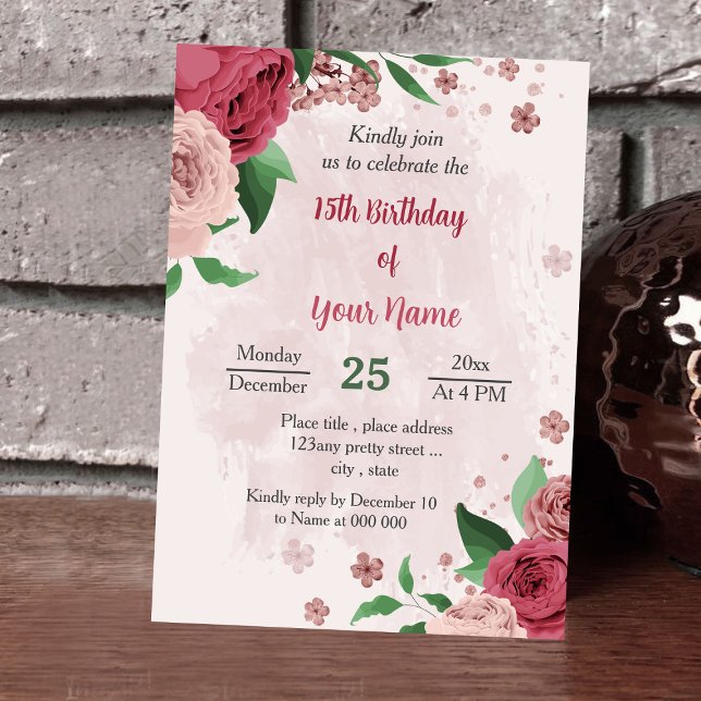 Convites flores cor-de-rosa folhas verdes aniversário botân (Criador carregado)