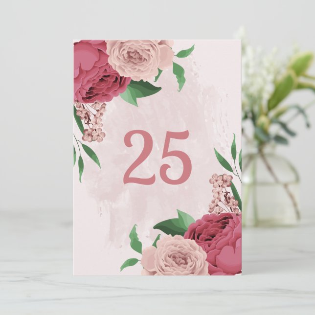 Convites flores cor-de-rosa folhas verdes número da tabela (Em pé/Frente)