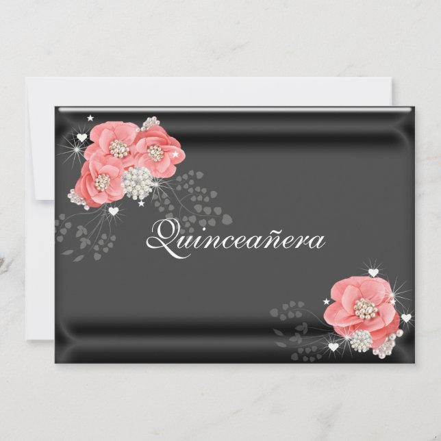 Convites Flores Cor-de-Rosa no Preto, Quinceañera, 15º Aniv (Frente)