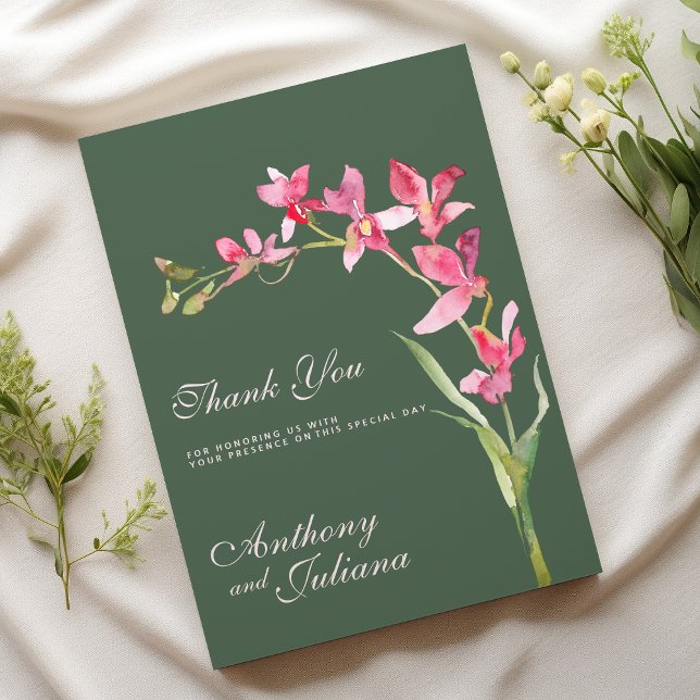 Convites Flores cor-de-rosa verde-mave Elegante Obrigado (Elegant mauve green pink orchid flowers Thank You )