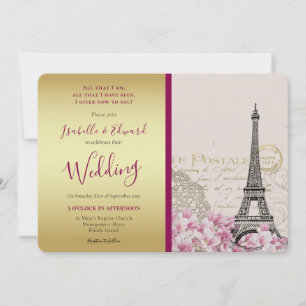 Convites Flores Cor-de-Rosa Vintage Torre Eiffel Dourado &